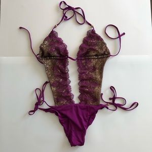 Beach bunny purple & gold one piece swimsuit